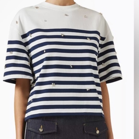 NEW NWT Sandro Sailor Strauss Striped Tee White and Blue with stones size M - Picture 2 of 5